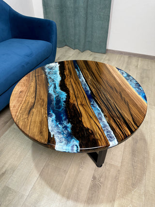 Runder Ocean Art Couchtisch aus Walnussholz