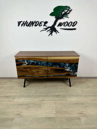 Custom Walnut Wood & Epoxy River Credenza