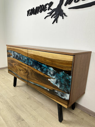 Custom Walnut Wood & Epoxy River Credenza
