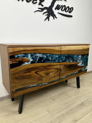 Custom Walnut Wood & Epoxy River Credenza