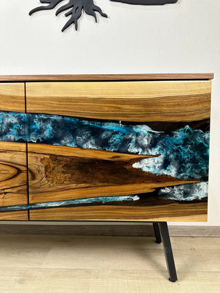 Custom Walnut Wood & Epoxy River Credenza
