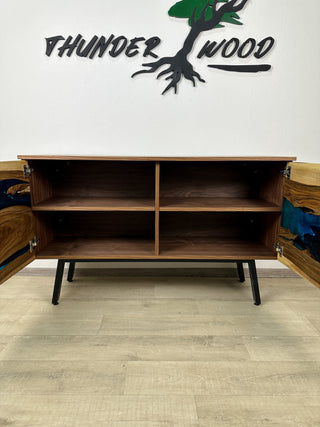 Custom Walnut Wood & Epoxy River Credenza