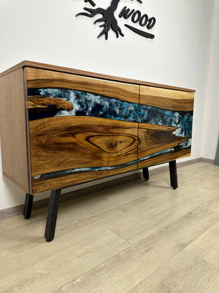 Custom Walnut Wood & Epoxy River Credenza