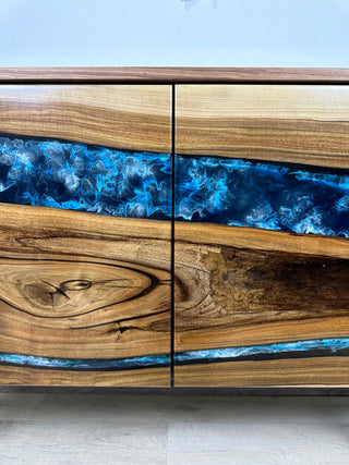 Custom Walnut Wood & Epoxy River Credenza