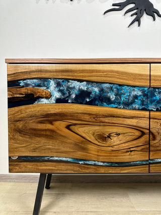 Custom Walnut Wood & Epoxy River Credenza