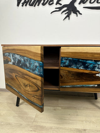 Custom Walnut Wood & Epoxy River Credenza