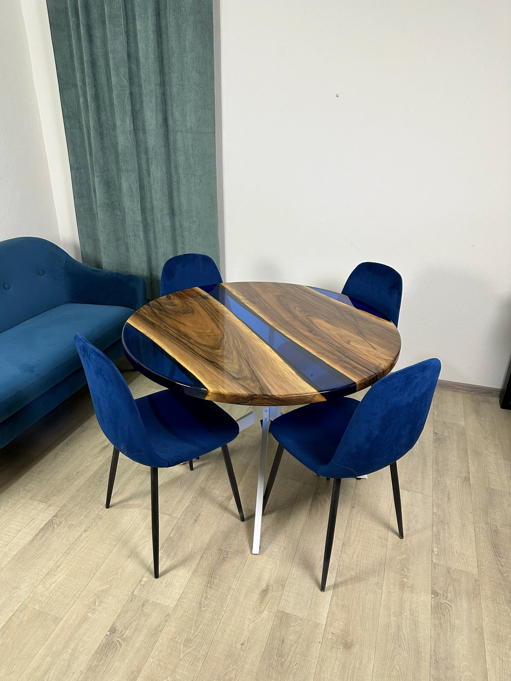 Custom Clear Blue Epoxy Round Table – ThunderWood Studio