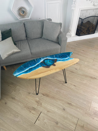 Wooden Surfboard Table With Epoxy Design
