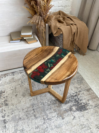 Custom walnut epoxy coffee table D:20", H: 20"