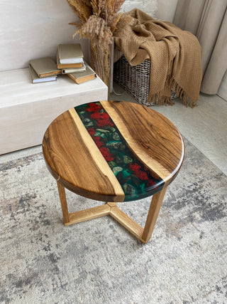 Custom walnut epoxy coffee table D:20", H: 20"