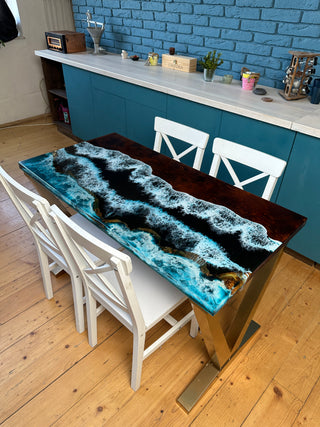 Rectangular Epoxy Table with Ocean Wave