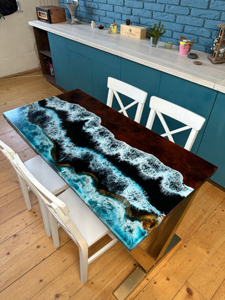 Rectangular Epoxy Table with Ocean Wave