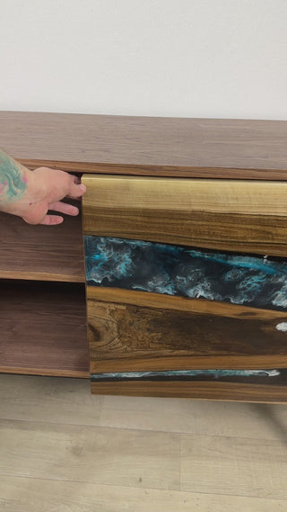 Custom Walnut Wood & Epoxy River Credenza