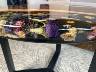 Round wood epoxy coffee table with pressed flowers