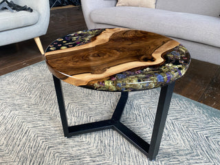 Round wood epoxy coffee table with pressed flowers