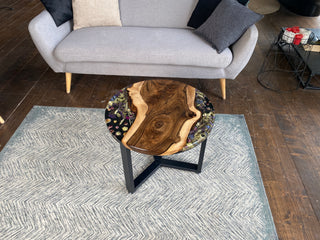 Round wood epoxy coffee table with pressed flowers