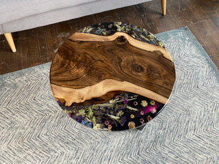 Round wood epoxy coffee table with pressed flowers