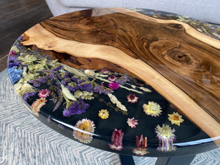 Round wood epoxy coffee table with pressed flowers