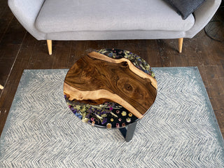 Round wood epoxy coffee table with pressed flowers