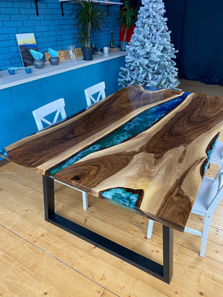 Custom blue epoxy dining table