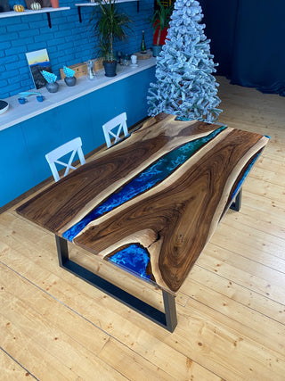 Custom blue epoxy dining table