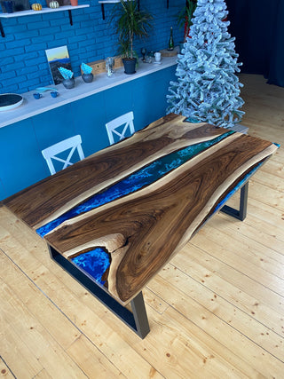 Custom blue epoxy dining table