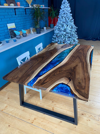 Custom blue epoxy dining table