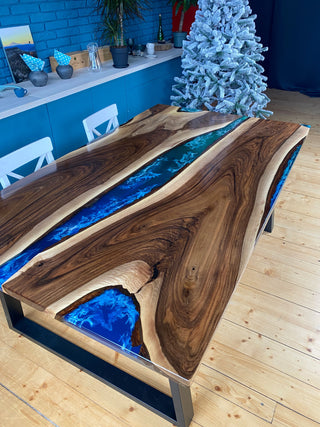 Custom blue epoxy dining table