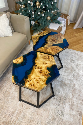 Sechseckige Couchtische aus Epoxidharz (2er-Set)