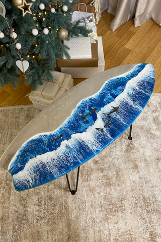 Surfboard Coffee Table with Glow Epoxy