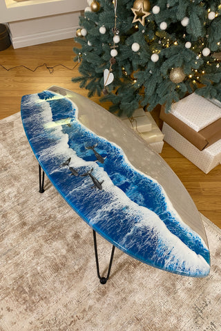 Surfboard Coffee Table with Glow Epoxy
