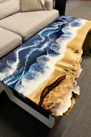 Waterfall Live Edge Coffee Table with Ocean Resin