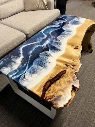 Waterfall Live Edge Coffee Table with Ocean Resin