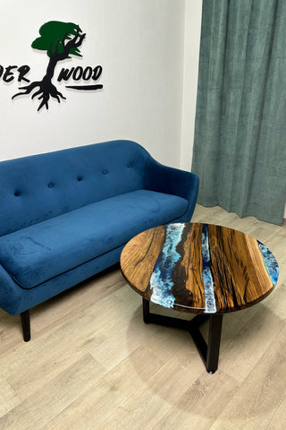 Runder Ocean Art Couchtisch aus Walnussholz