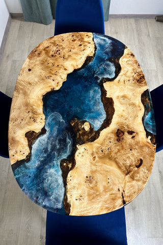 Oval Dining Table With Ocean Epoxy for 4 Seats