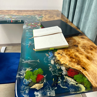 L-Shaped 3D Epoxy Sit Stand Table with Fish