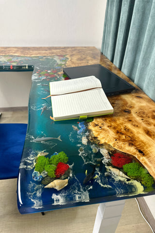 L-Shaped 3D Epoxy Sit Stand Table with Fish