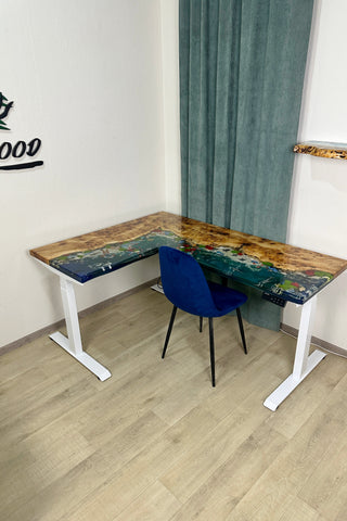 L-Shaped 3D Epoxy Sit Stand Table with Fish