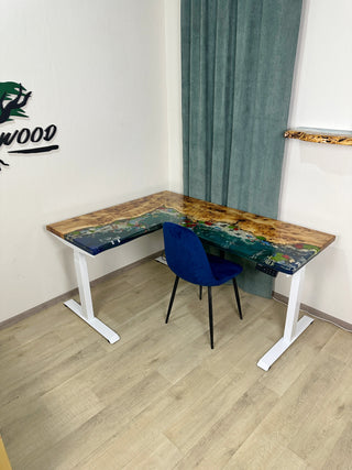 L-Shaped 3d Fish Epoxy Resin Sit-Stand Table