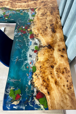 L-Shaped 3D Epoxy Sit Stand Table with Fish