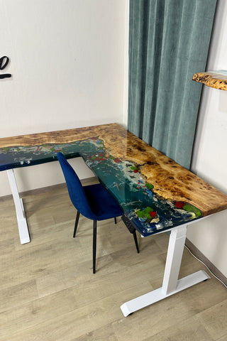 L-Shaped 3D Epoxy Sit Stand Table with Fish