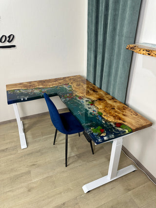 L-Shaped 3d Fish Epoxy Resin Sit-Stand Table