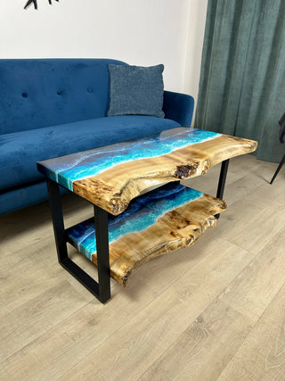 Live Edge Coffee Table With Shelf and Ocean