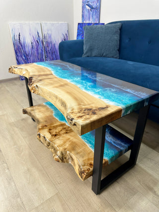 Live Edge Coffee Table With Shelf and Ocean