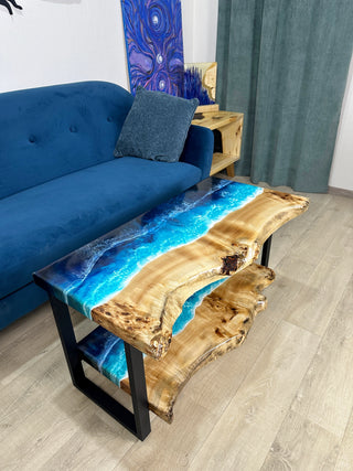 Live Edge Coffee Table With Shelf and Ocean