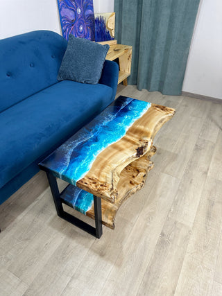 Live Edge Coffee Table With Shelf and Ocean