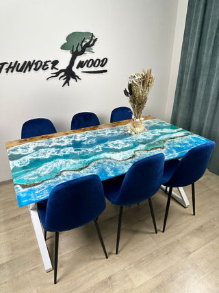 Sky Blue Ocean Art Epoxy River Dining Table