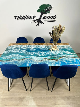 Sky Blue Ocean Art Epoxy River Dining Table