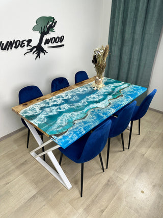 Sky Blue Ocean Art Epoxy River Dining Table