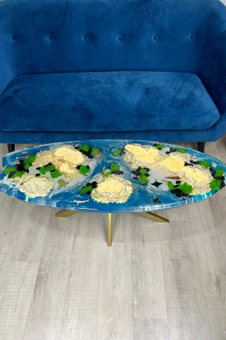 Aquarium surfboard coffee table